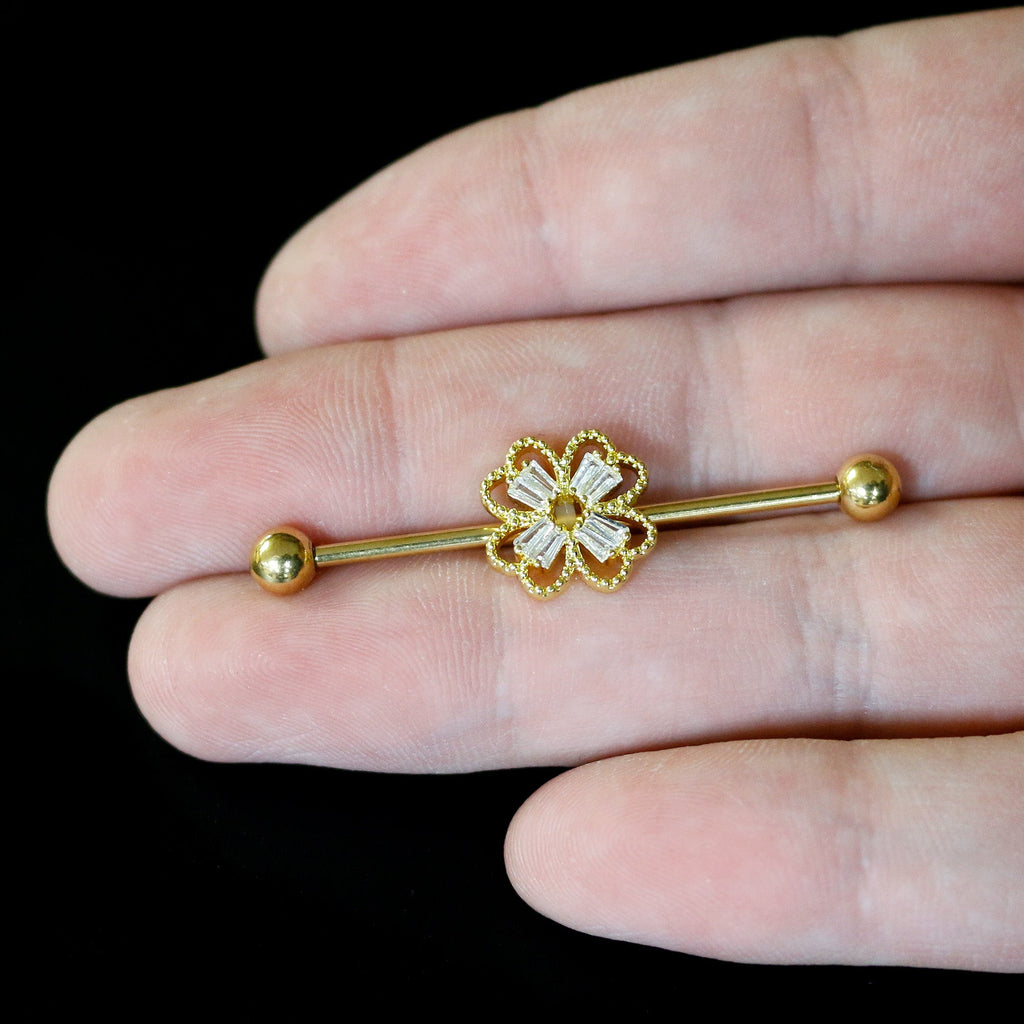BodyCandy 14G Clear Gem Gold Tone Textured Cross Industrial Barbell 38mm — in-use photo