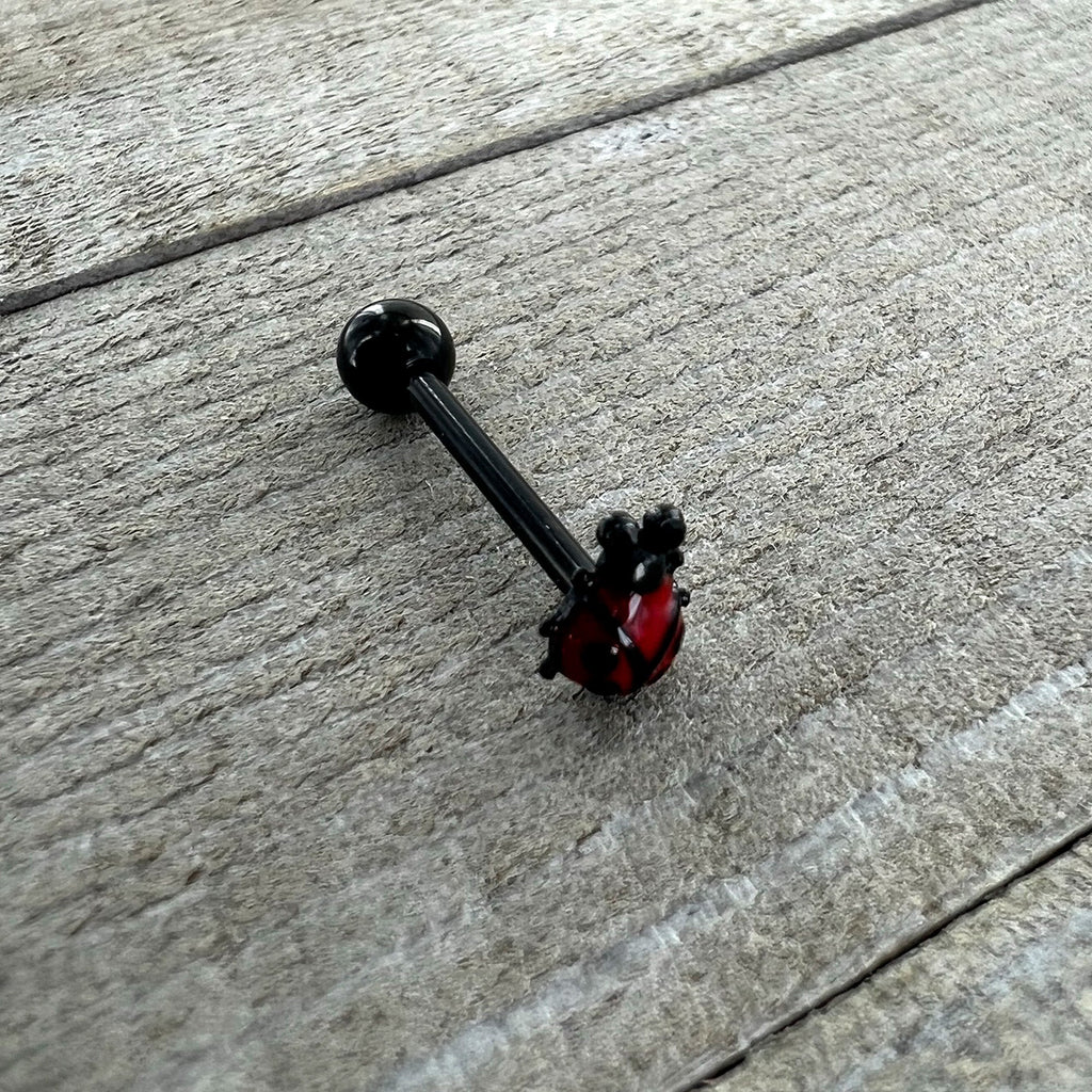 BodyCandy Black Classic Ladybug Top End Barbell Tongue Ring — in-use photo