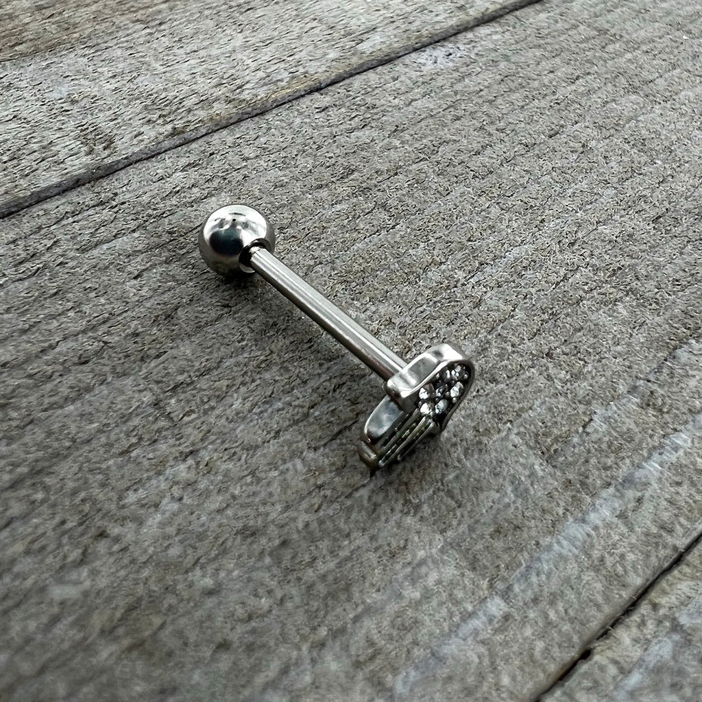 BodyCandy Clear CZ Gem Understated Hamsa Hand Barbell Tongue Ring — in-use photo