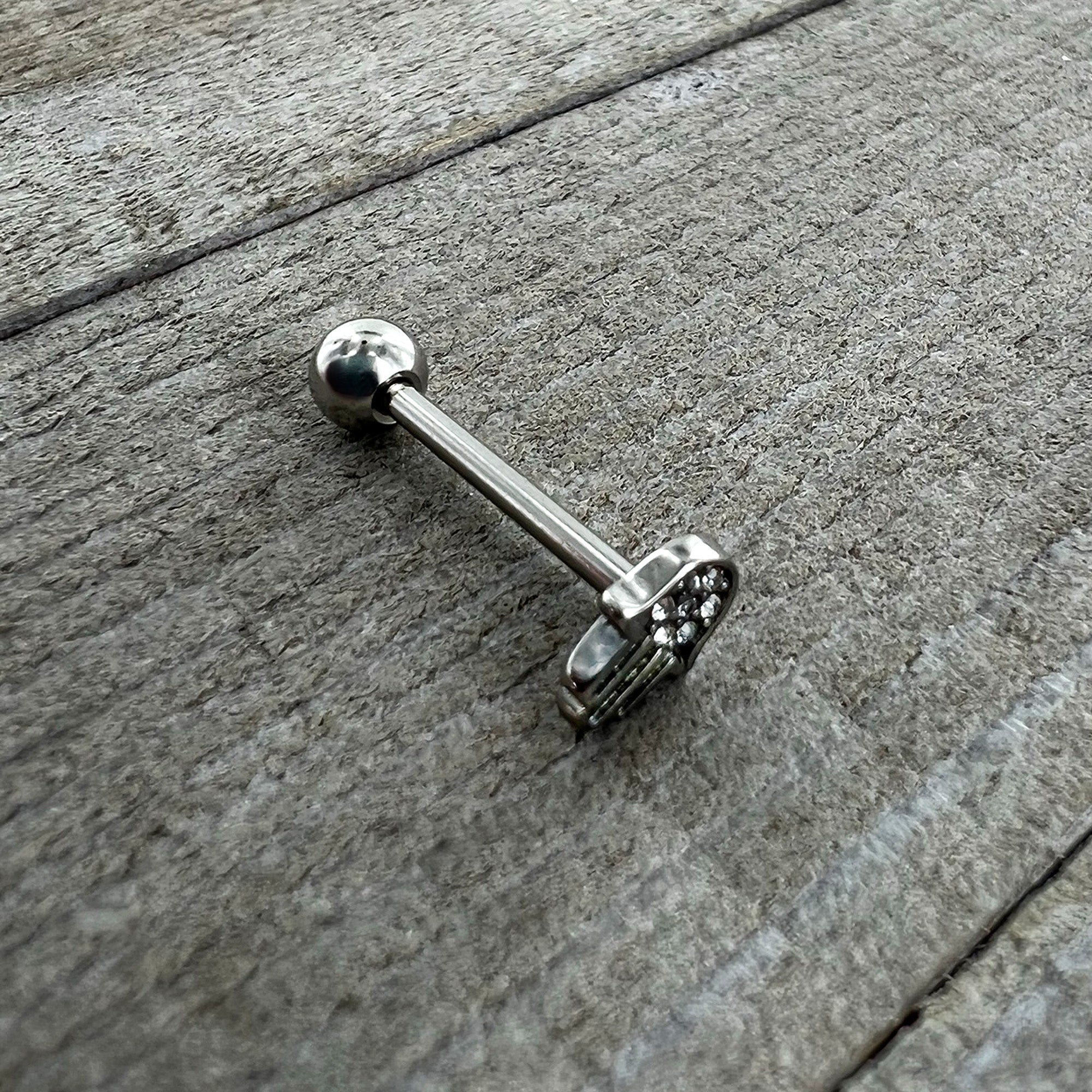 BodyCandy Clear CZ Gem Understated Hamsa Hand Barbell Tongue Ring — in-use photo