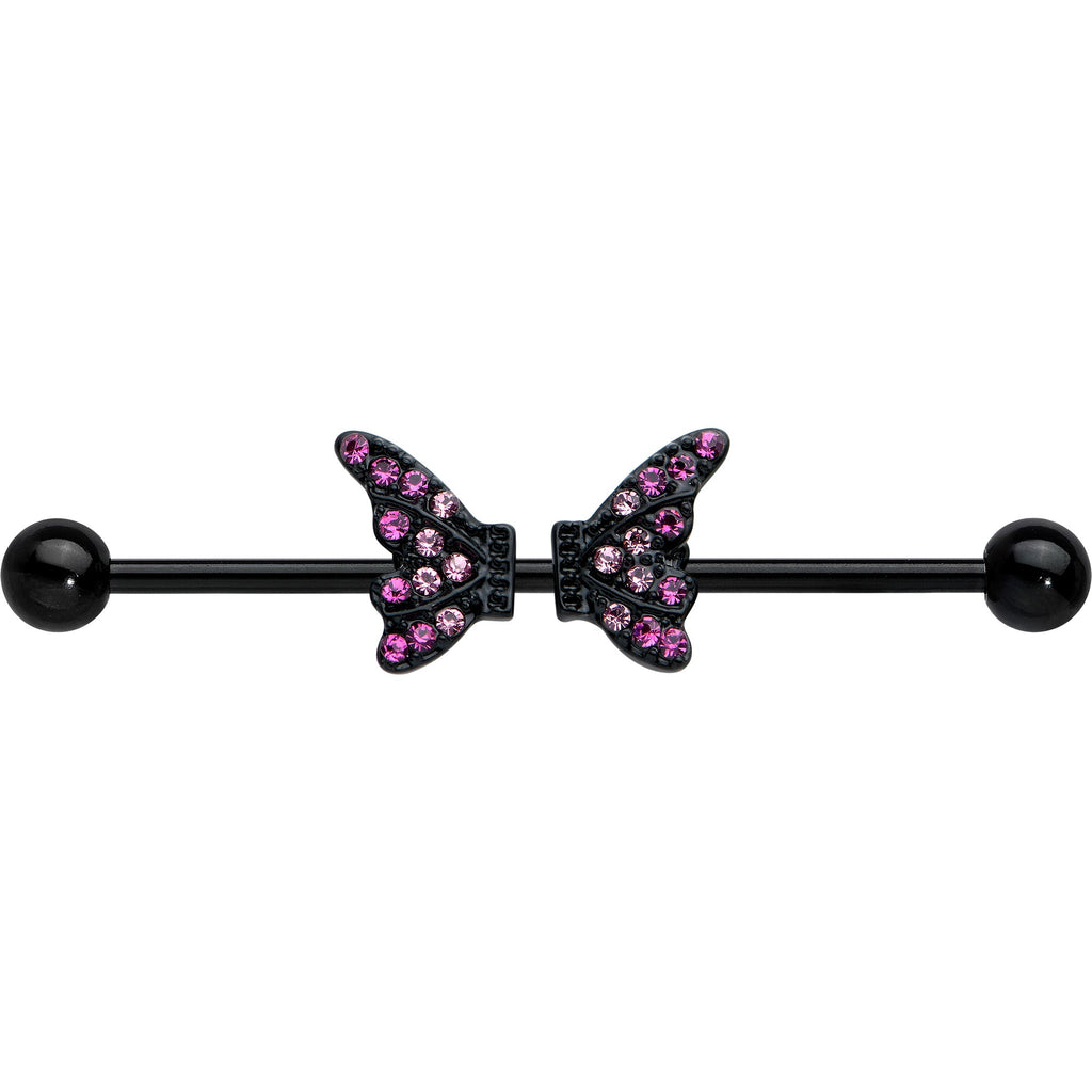 BodyCandy 14G Pink Gem Black Moveable Wing Butterfly Industrial Barbell 38mm — detail close-up