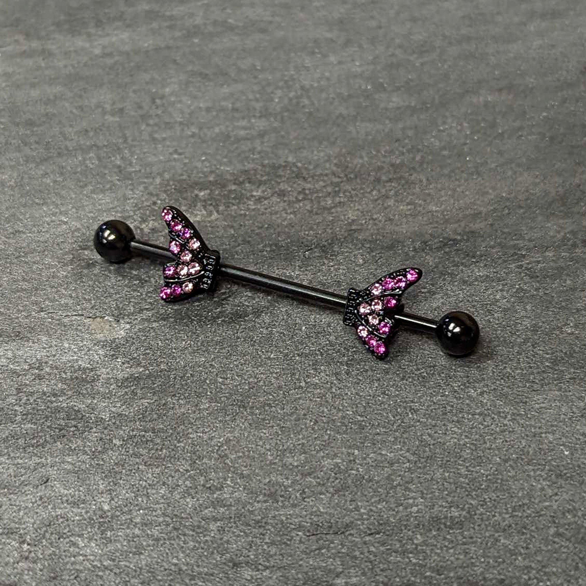 BodyCandy 14G Pink Gem Black Moveable Wing Butterfly Industrial Barbell 38mm — side view