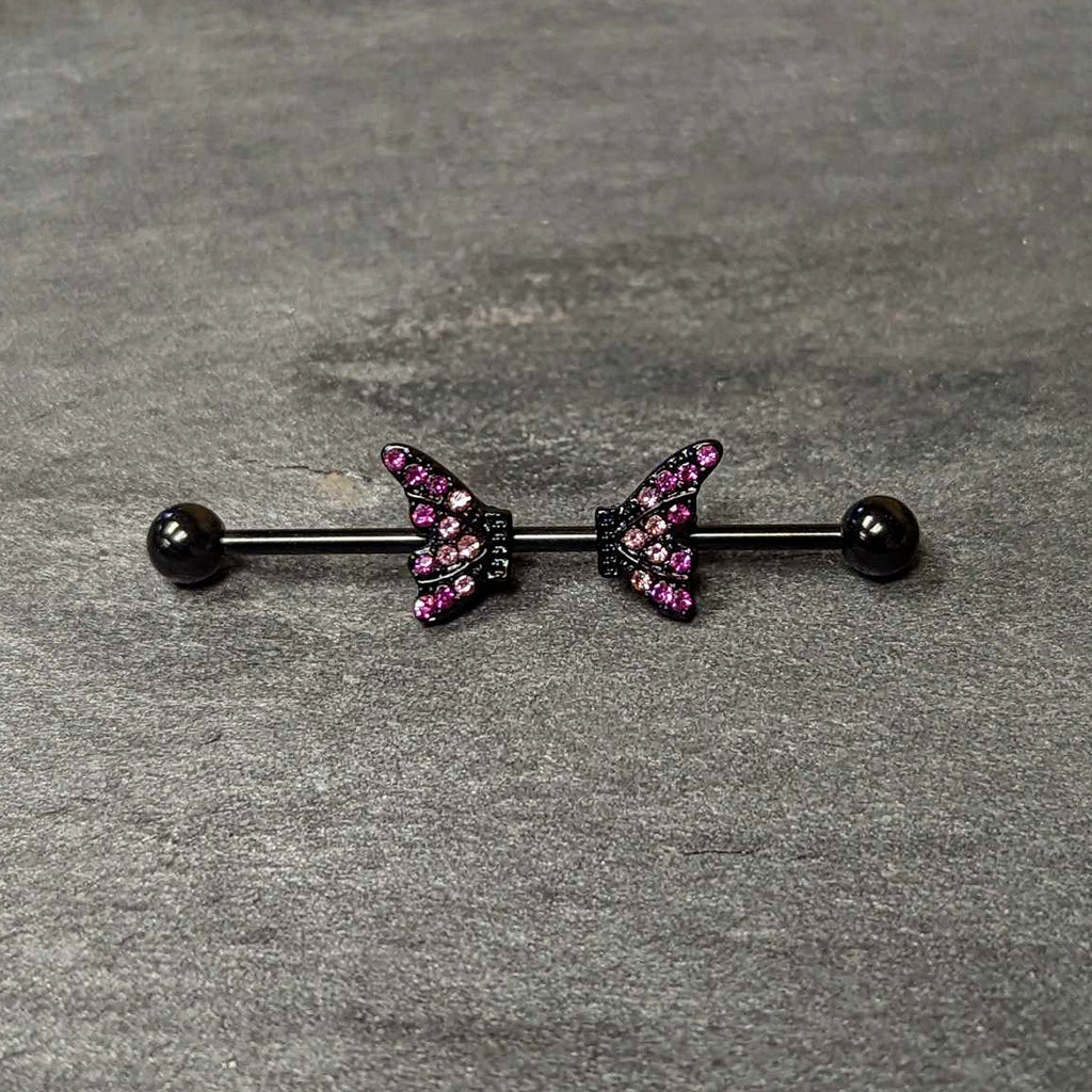 BodyCandy 14G Pink Gem Black Moveable Wing Butterfly Industrial Barbell 38mm — back view