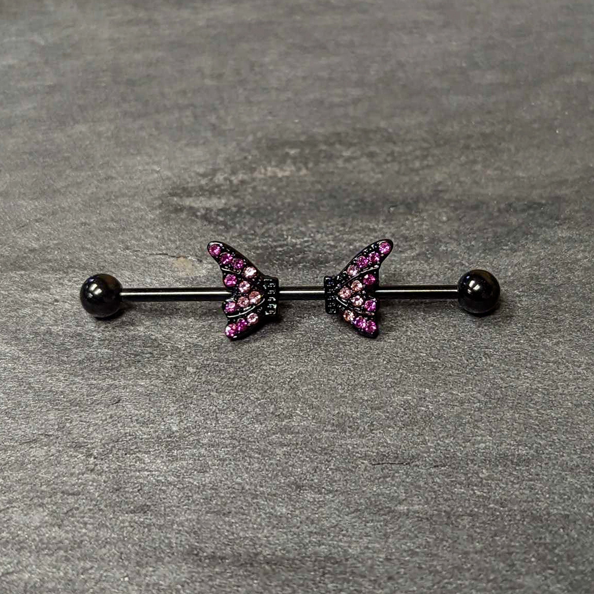 BodyCandy 14G Pink Gem Black Moveable Wing Butterfly Industrial Barbell 38mm — back view