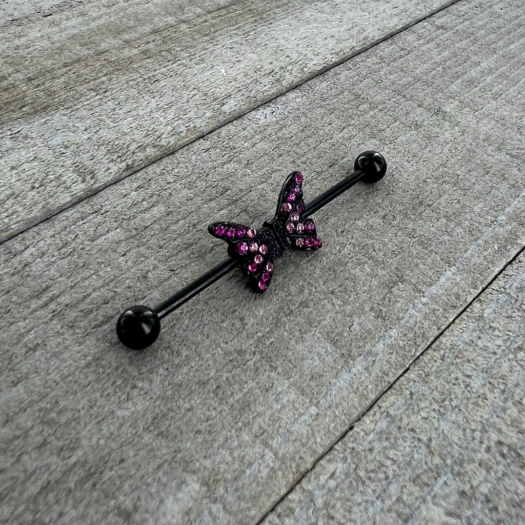 BodyCandy 14G Pink Gem Black Moveable Wing Butterfly Industrial Barbell 38mm — alternative angle
