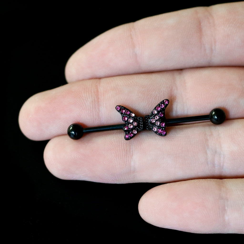 BodyCandy 14G Pink Gem Black Moveable Wing Butterfly Industrial Barbell 38mm — in-use photo