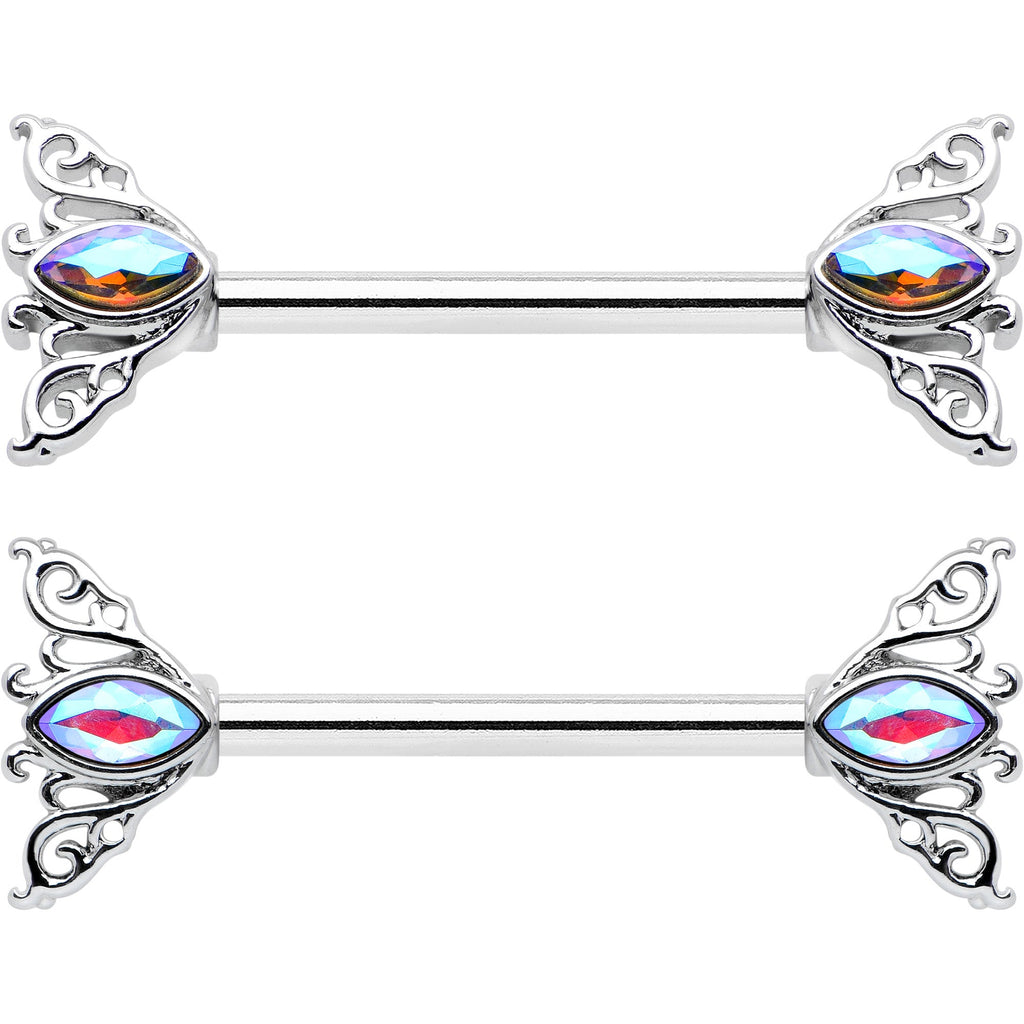 BodyCandy 14G 9/16 Aurora Gem Deco Waves Barbell Nipple Ring Set — detail close-up