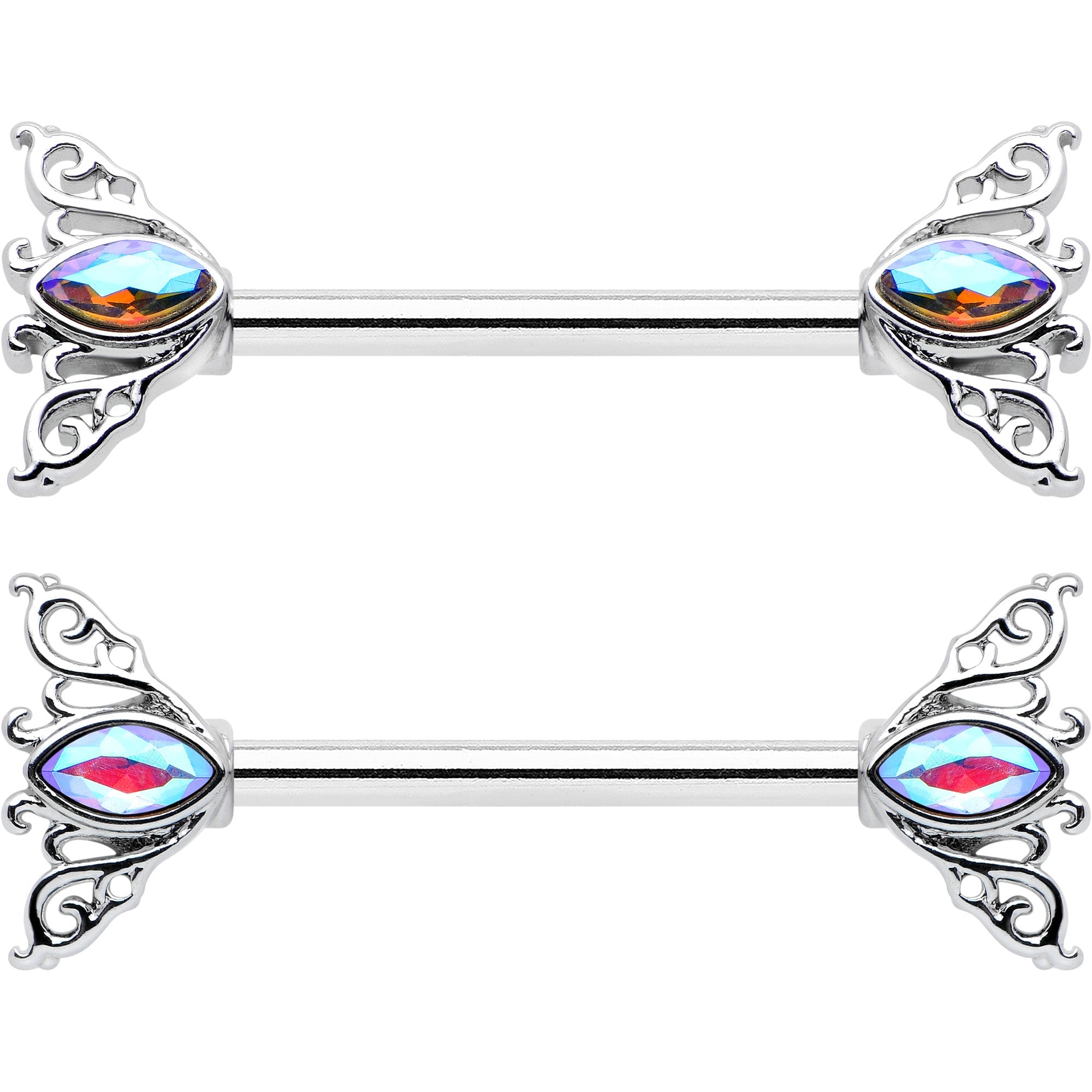 BodyCandy 14G 9/16 Aurora Gem Deco Waves Barbell Nipple Ring Set — detail close-up