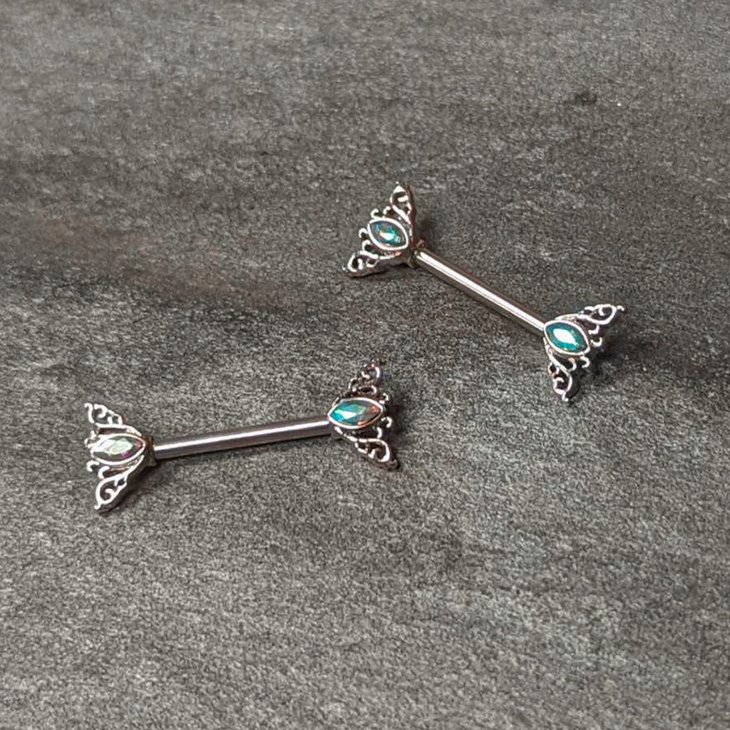 BodyCandy 14G 9/16 Aurora Gem Deco Waves Barbell Nipple Ring Set — side view