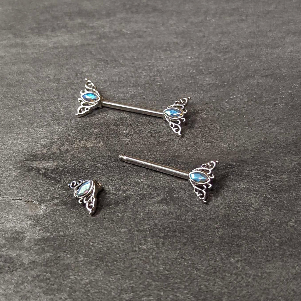 BodyCandy 14G 9/16 Aurora Gem Deco Waves Barbell Nipple Ring Set — back view
