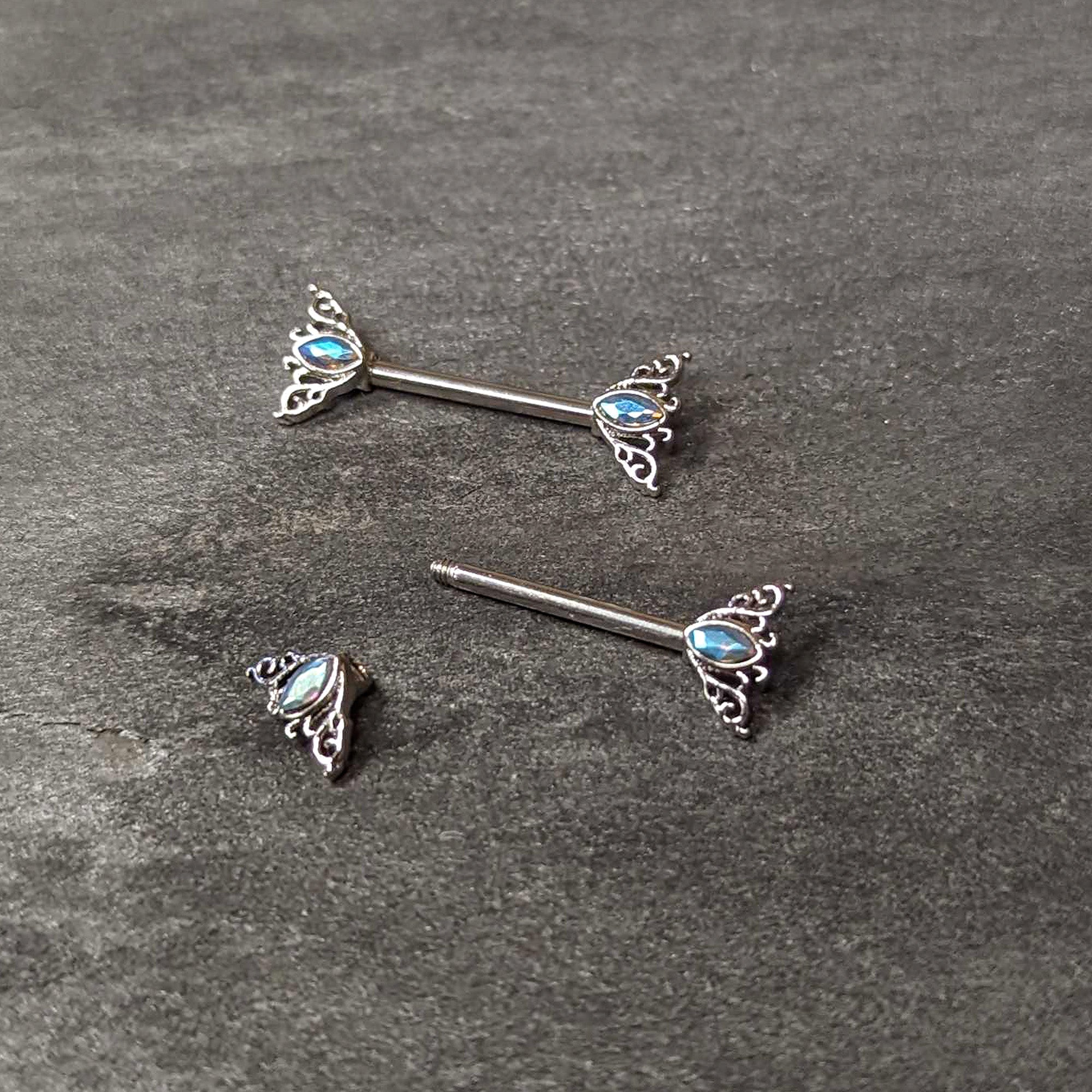 BodyCandy 14G 9/16 Aurora Gem Deco Waves Barbell Nipple Ring Set — back view