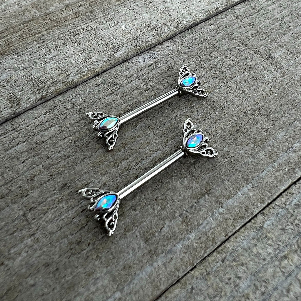 BodyCandy 14G 9/16 Aurora Gem Deco Waves Barbell Nipple Ring Set — alternative angle