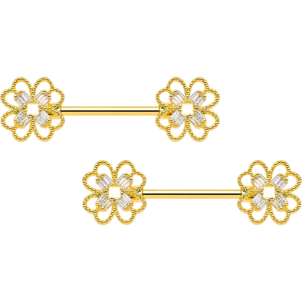 BodyCandy 14G 5/8 Clear Gem Gold Tone Texture Cross Barbell Nipple Ring Set — main product shot