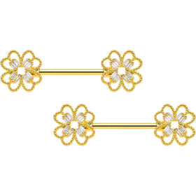 14G 5/8 Clear Gem Gold Tone Texture Cross Barbell Nipple Ring Set