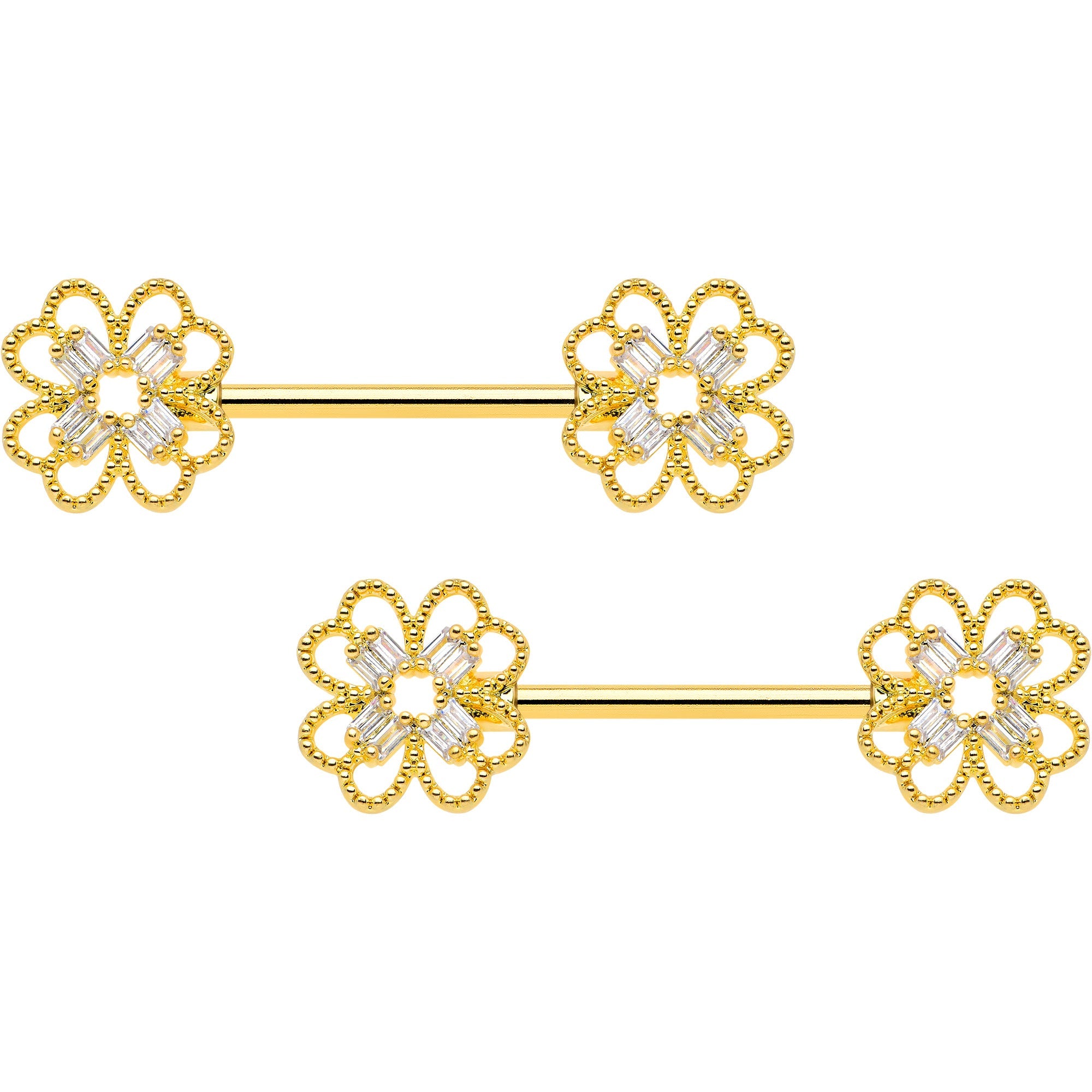 BodyCandy 14G 5/8 Clear Gem Gold Tone Texture Cross Barbell Nipple Ring Set — main product shot