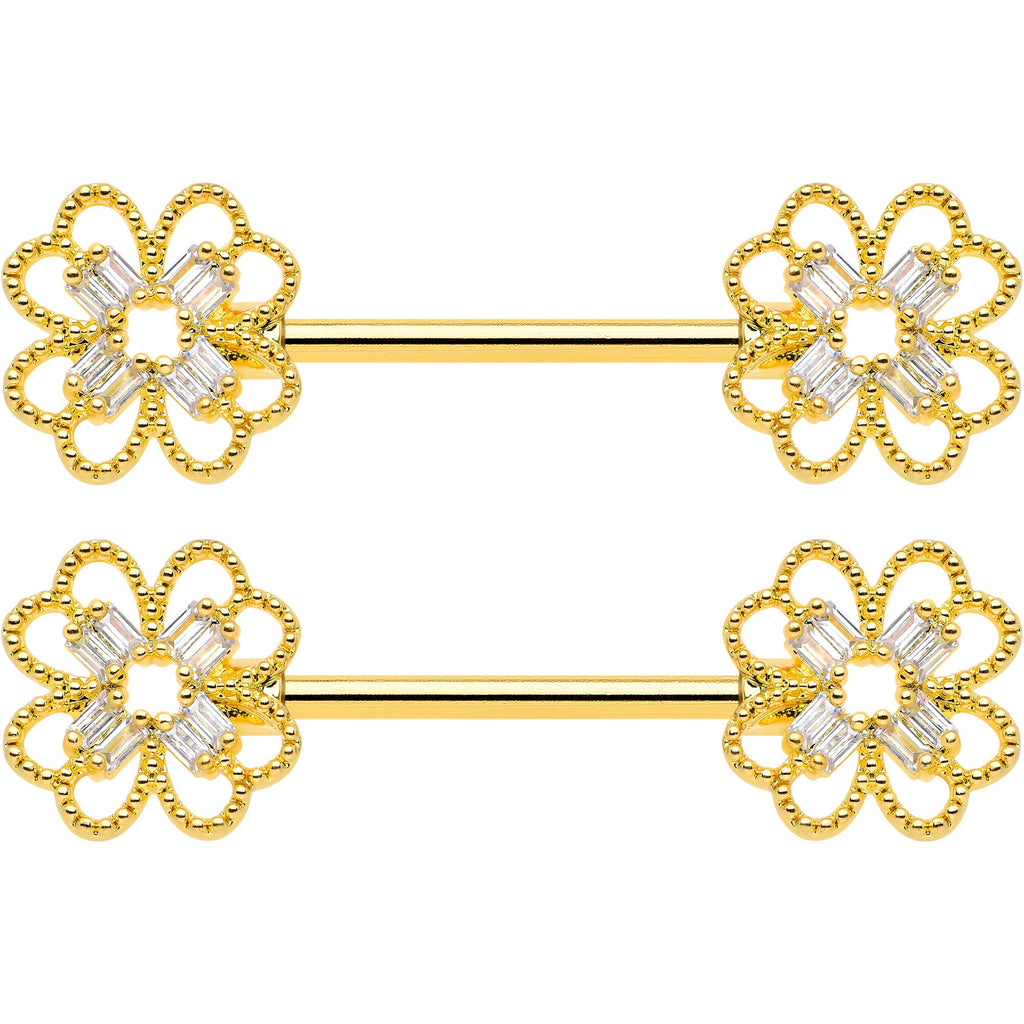 BodyCandy 14G 5/8 Clear Gem Gold Tone Texture Cross Barbell Nipple Ring Set — detail close-up