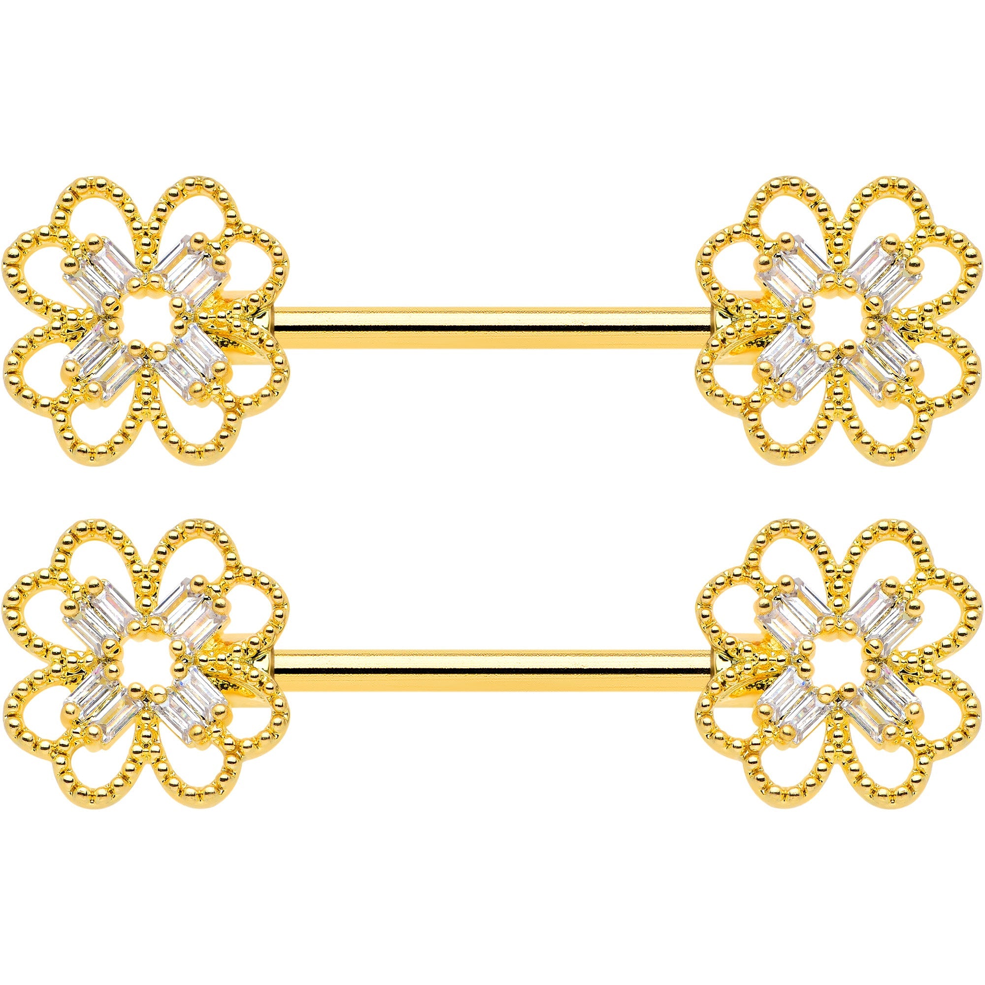 BodyCandy 14G 5/8 Clear Gem Gold Tone Texture Cross Barbell Nipple Ring Set — detail close-up