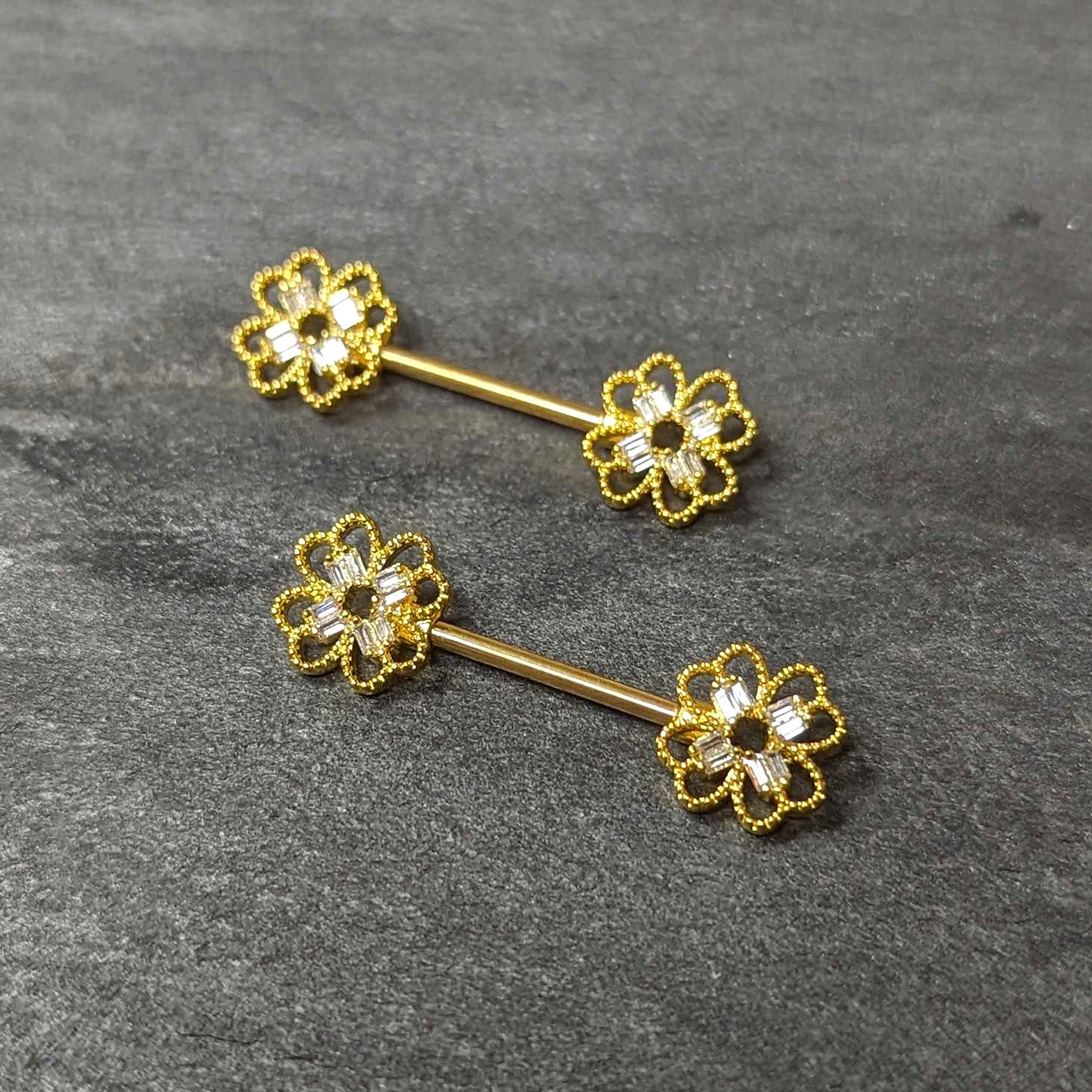 BodyCandy 14G 5/8 Clear Gem Gold Tone Texture Cross Barbell Nipple Ring Set — side view