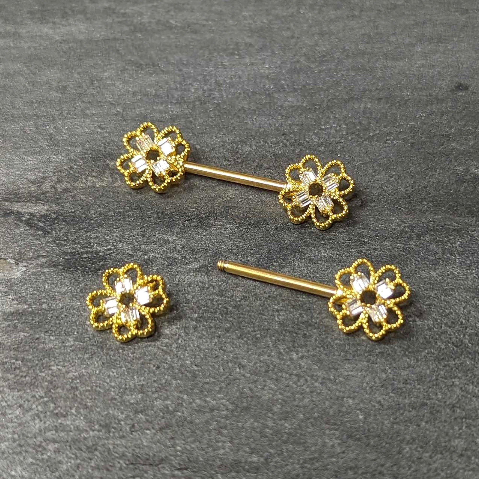 BodyCandy 14G 5/8 Clear Gem Gold Tone Texture Cross Barbell Nipple Ring Set — back view