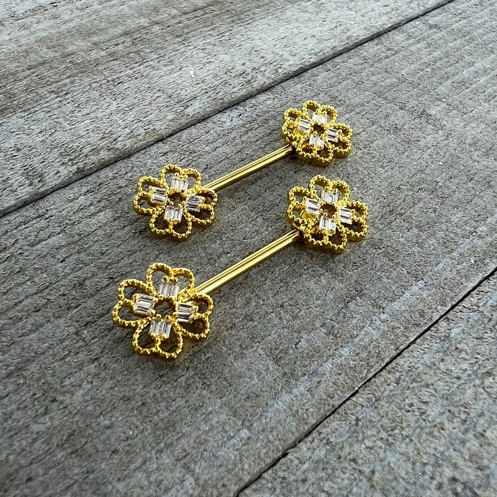 BodyCandy 14G 5/8 Clear Gem Gold Tone Texture Cross Barbell Nipple Ring Set — alternative angle