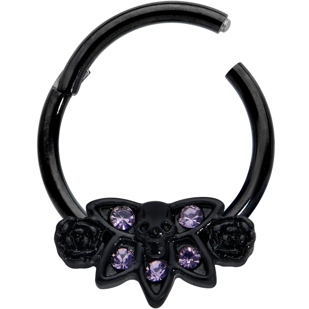 BodyCandy 16G 3/8 Purple Gem Black Skull Blossom Hinged Segment Ring — detail close-up