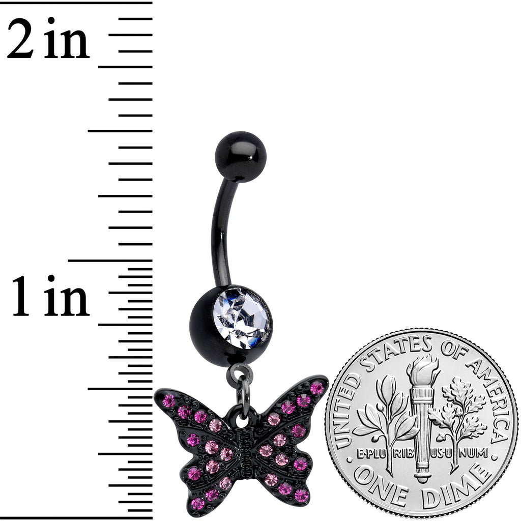 BodyCandy Clear Pink Gem Black Midnight Butterfly Dangle Belly Ring — detail close-up
