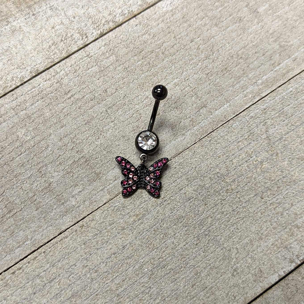 BodyCandy Clear Pink Gem Black Midnight Butterfly Dangle Belly Ring — side view