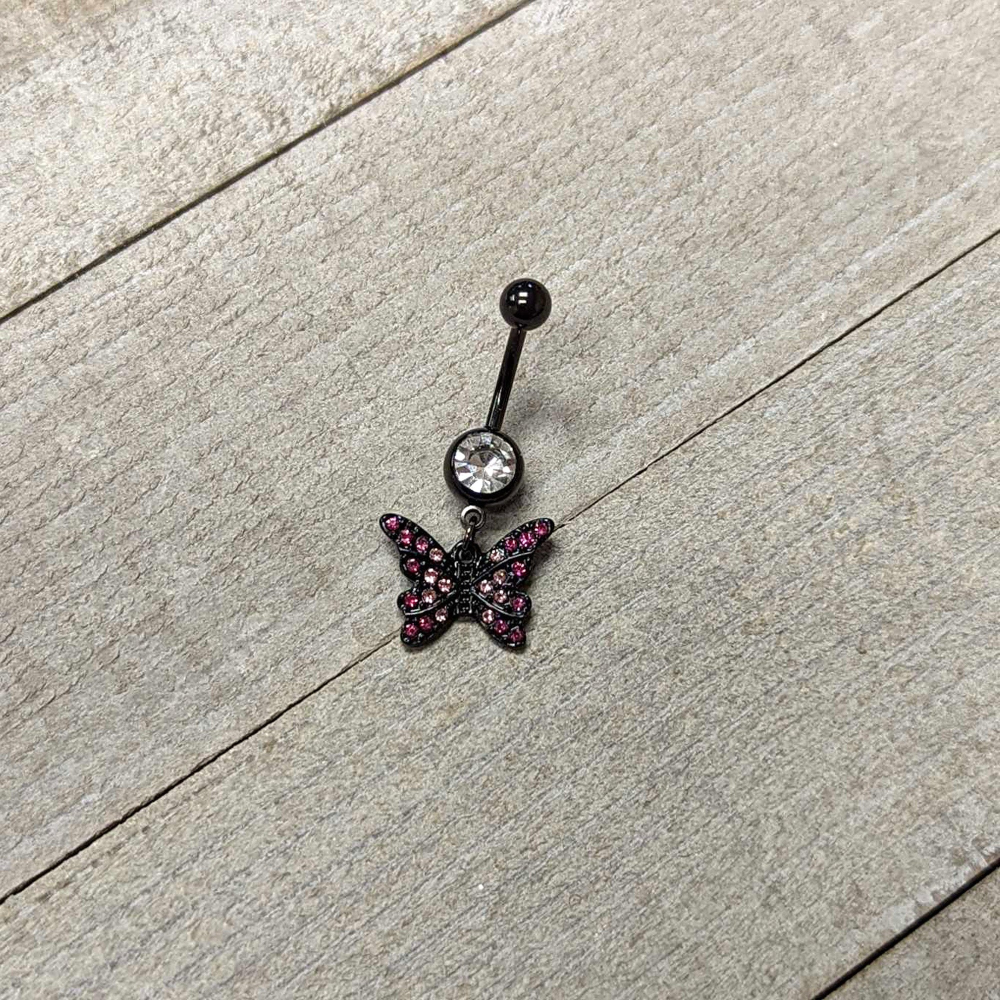 BodyCandy Clear Pink Gem Black Midnight Butterfly Dangle Belly Ring — side view