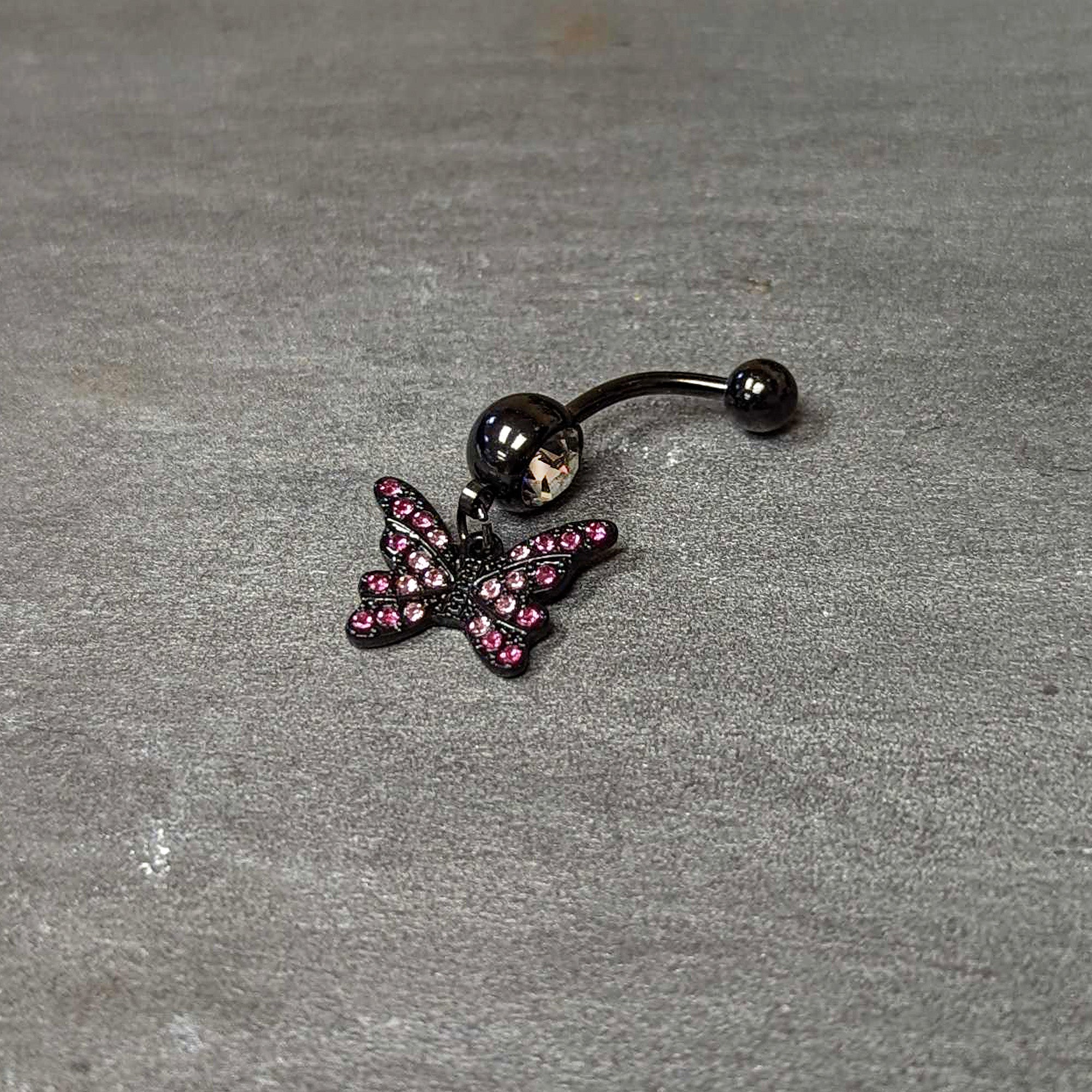 BodyCandy Clear Pink Gem Black Midnight Butterfly Dangle Belly Ring — back view