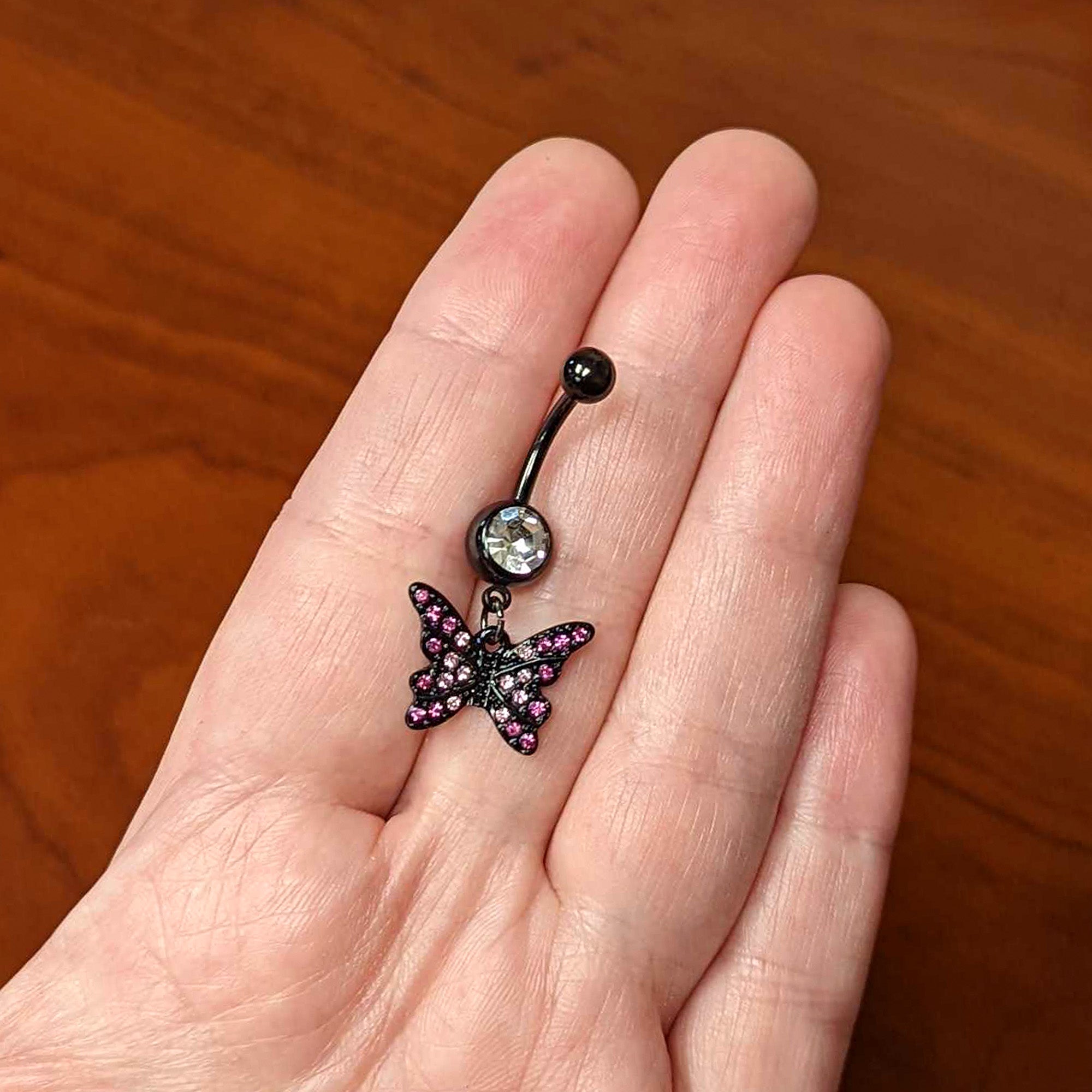 BodyCandy Clear Pink Gem Black Midnight Butterfly Dangle Belly Ring — alternative angle