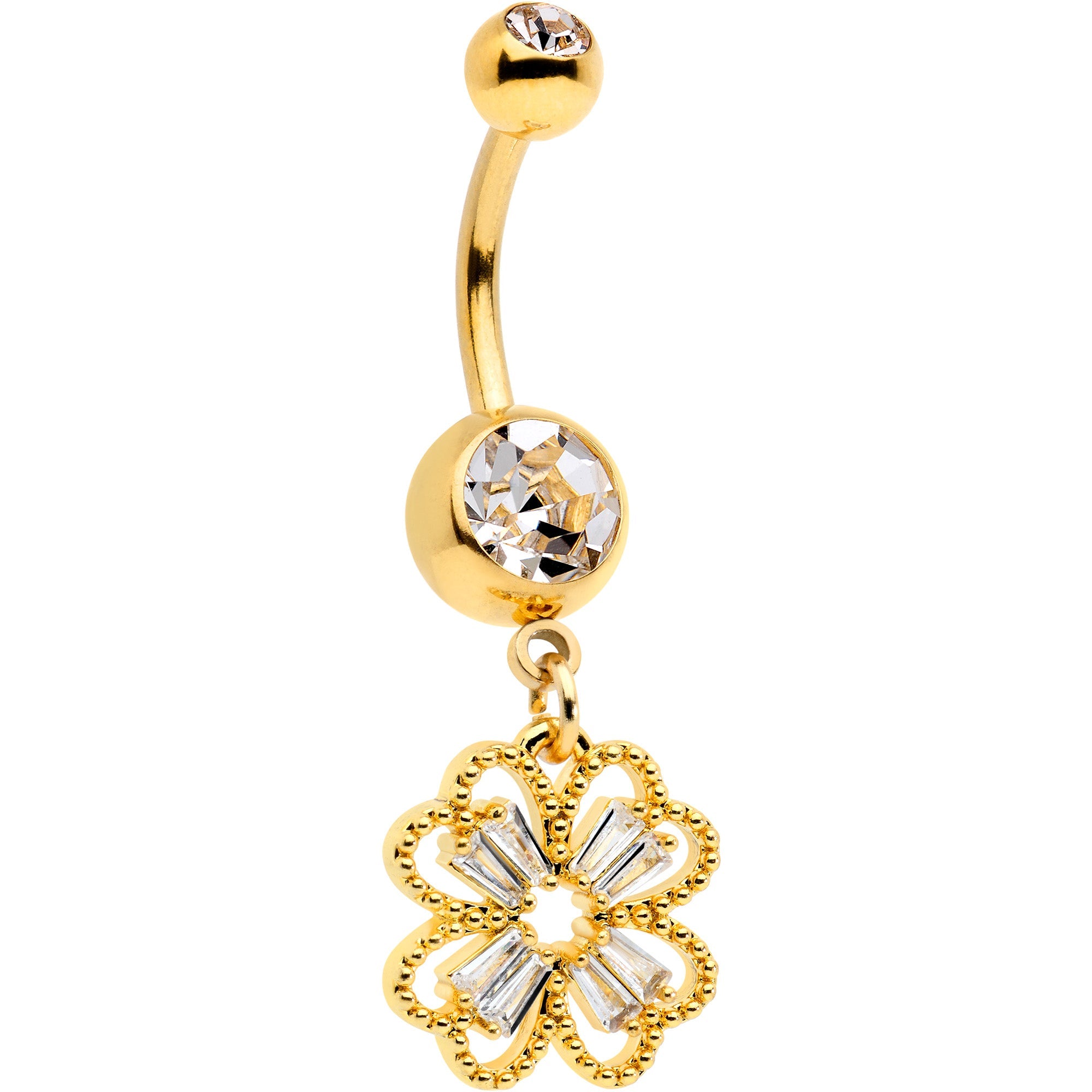 BodyCandy Clear Gem Gold Tone Elegant Textured Shamrock Dangle Belly Ring — main product shot