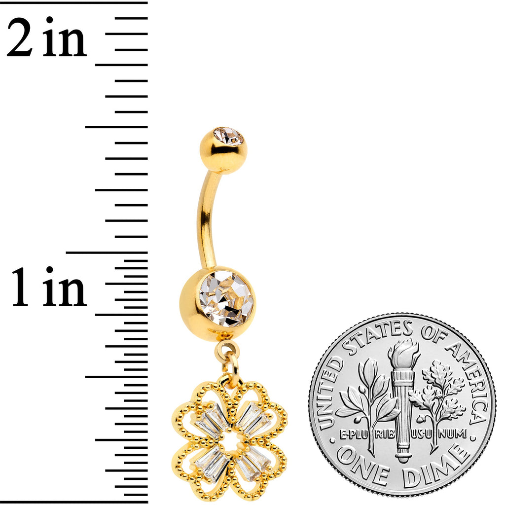 BodyCandy Clear Gem Gold Tone Elegant Textured Shamrock Dangle Belly Ring — detail close-up