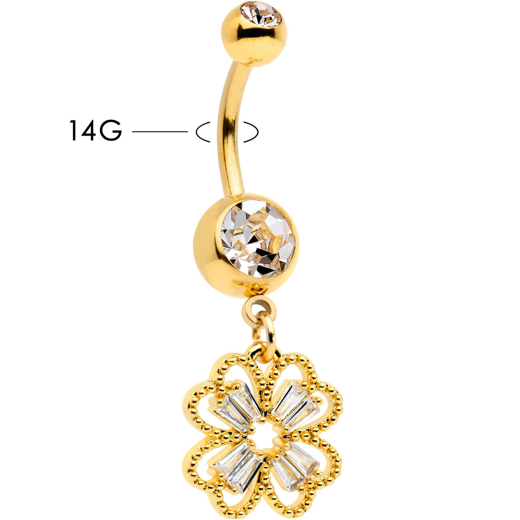 BodyCandy Clear Gem Gold Tone Elegant Textured Shamrock Dangle Belly Ring — lifestyle context