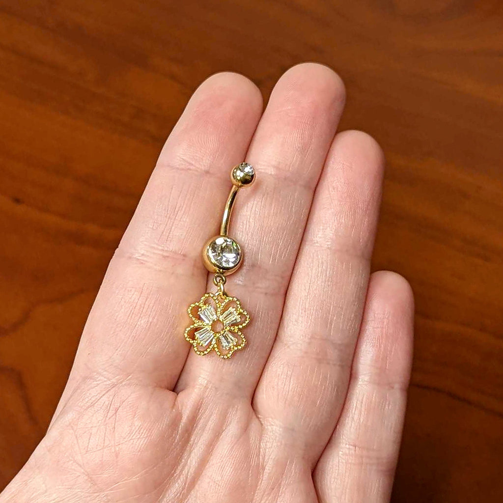 BodyCandy Clear Gem Gold Tone Elegant Textured Shamrock Dangle Belly Ring — alternative angle