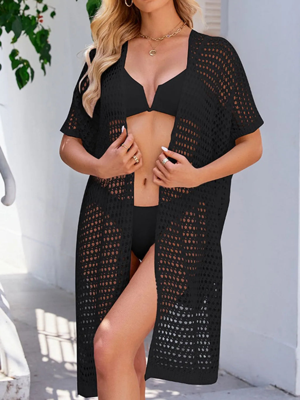 Open Front Tied Openwork Cover-Up