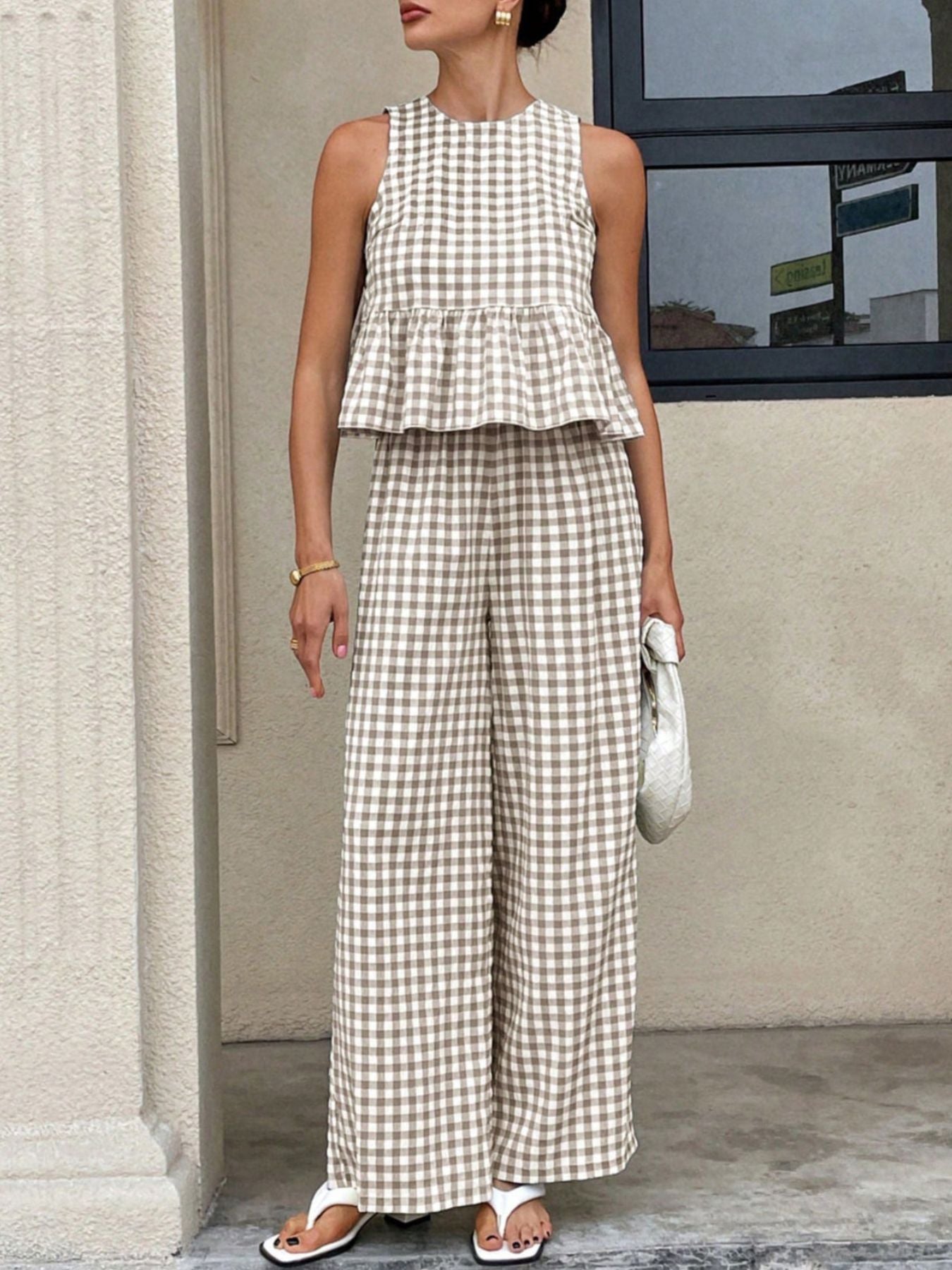 Gingham Sleeveless Top and Wide-Leg Pants Set