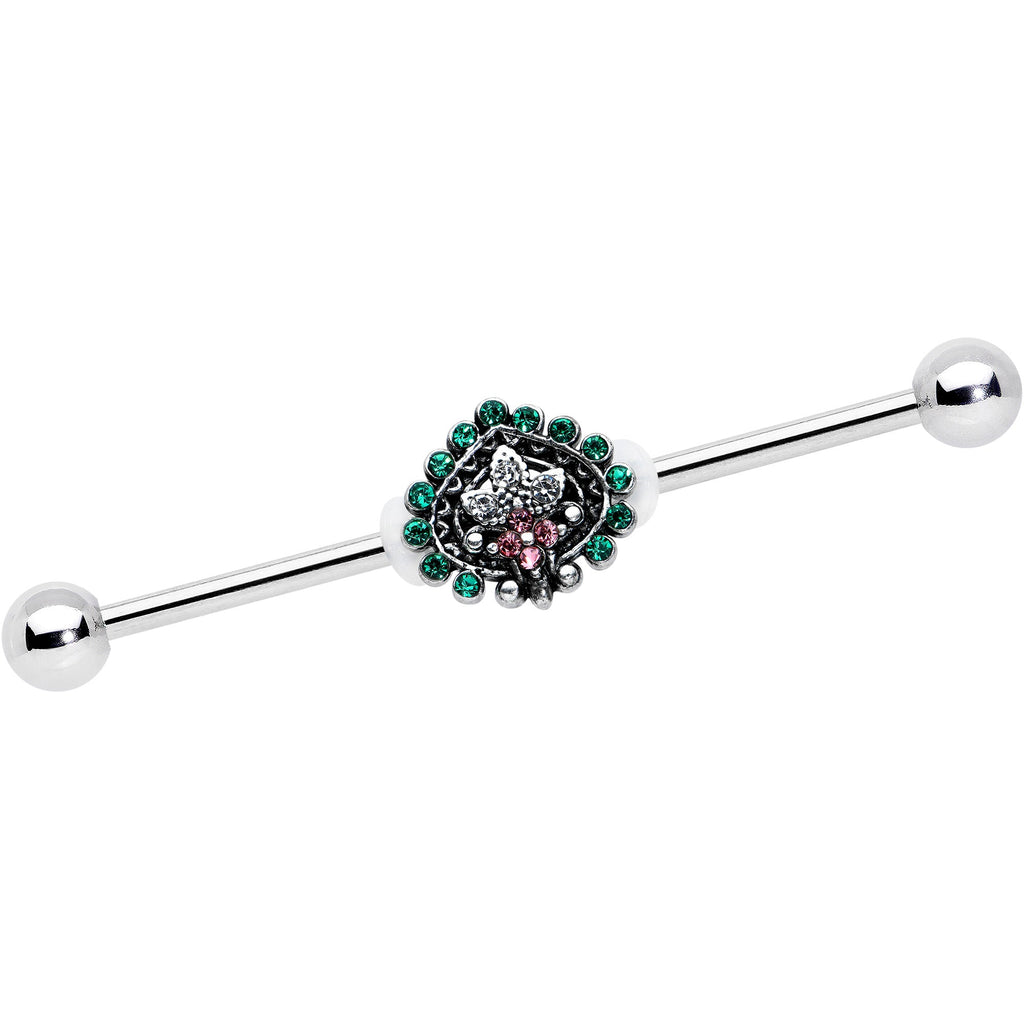 BodyCandy 14G Pink Green Gem Stylized Leaf Industrial Barbell 38mm — main product shot