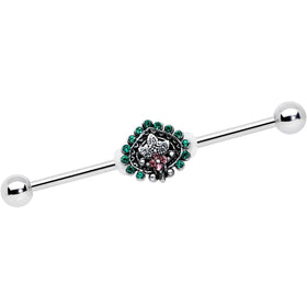 14G Pink Green Gem Stylized Leaf Industrial Barbell 38mm