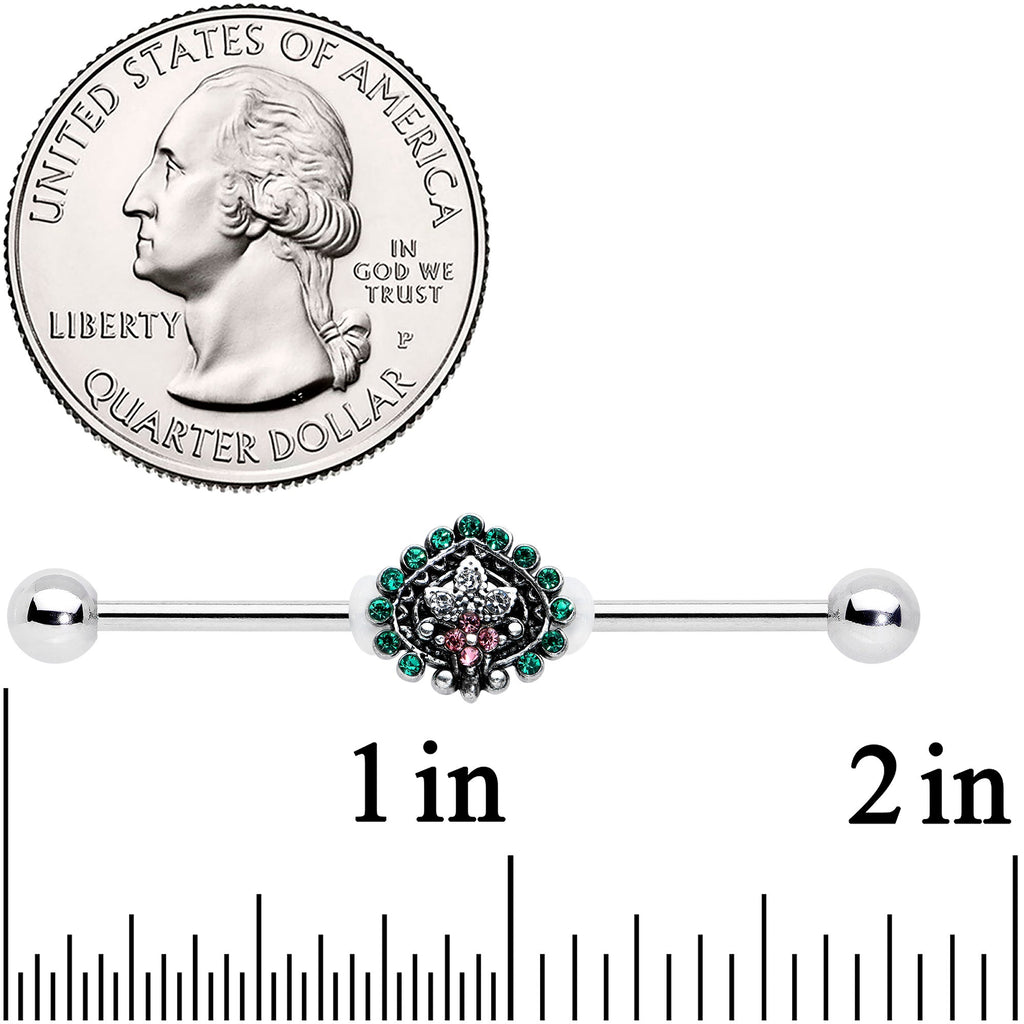 BodyCandy 14G Pink Green Gem Stylized Leaf Industrial Barbell 38mm — detail close-up