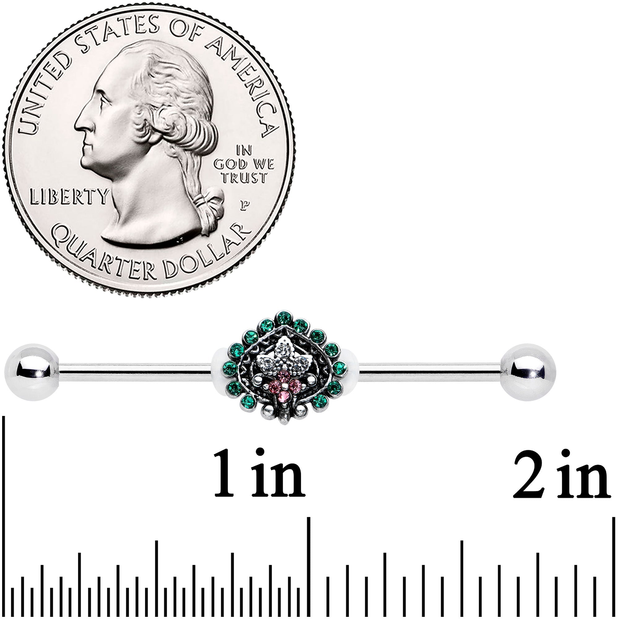 BodyCandy 14G Pink Green Gem Stylized Leaf Industrial Barbell 38mm — detail close-up