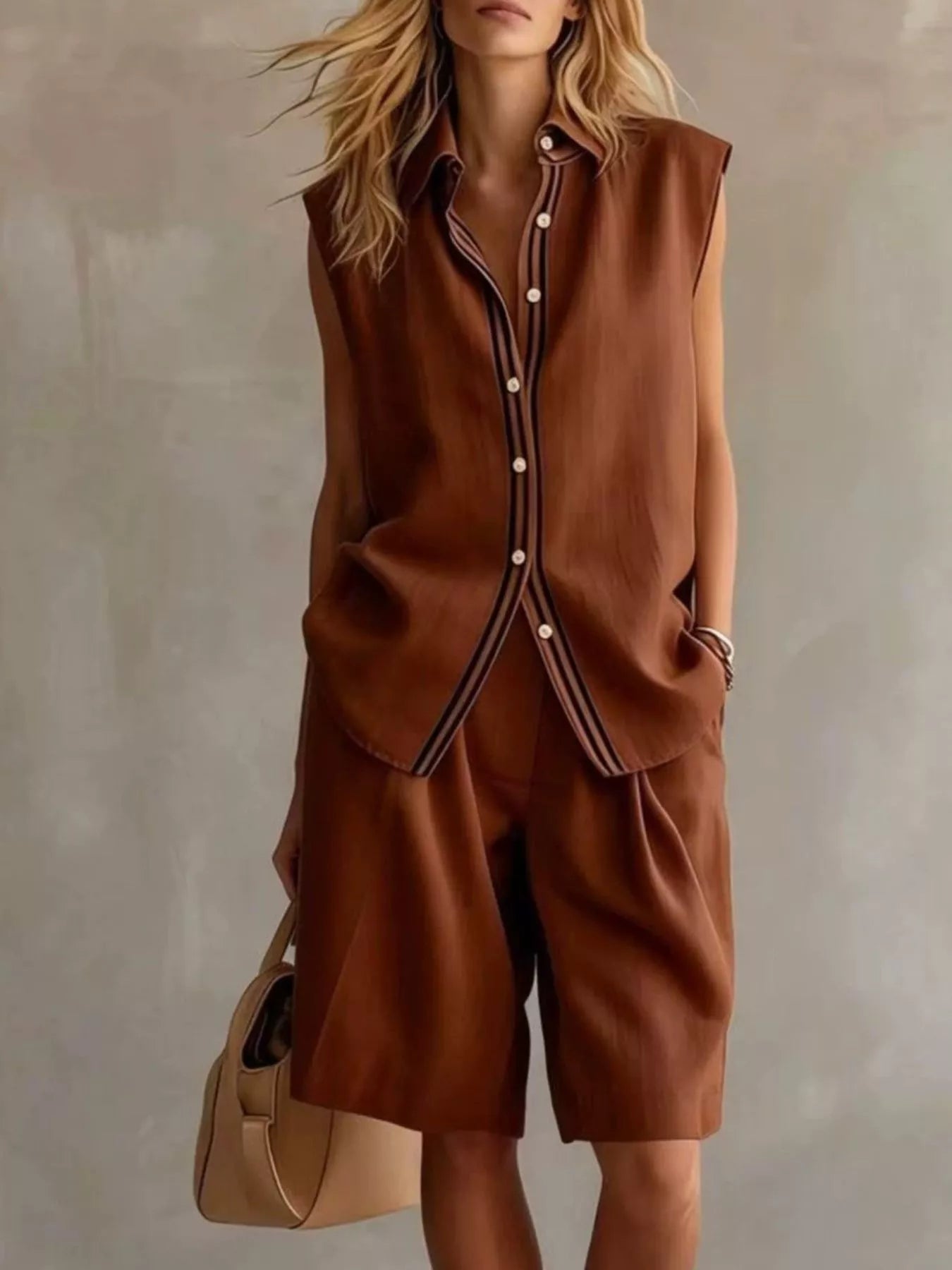 Sleeveless Button Up Top and Shorts Set