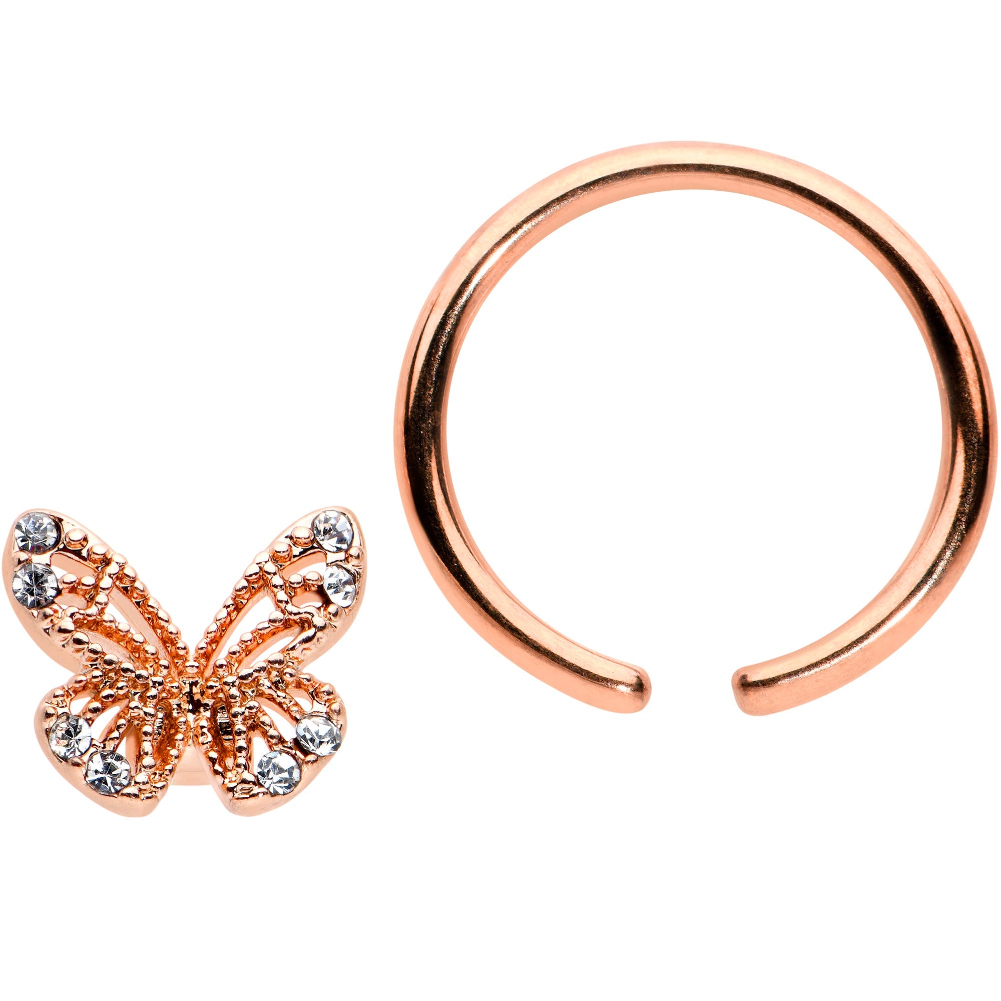 BodyCandy 16G 3/8 Clear Gem Rose Gold Tone Airy Butterfly BCR Captive Ring — detail close-up