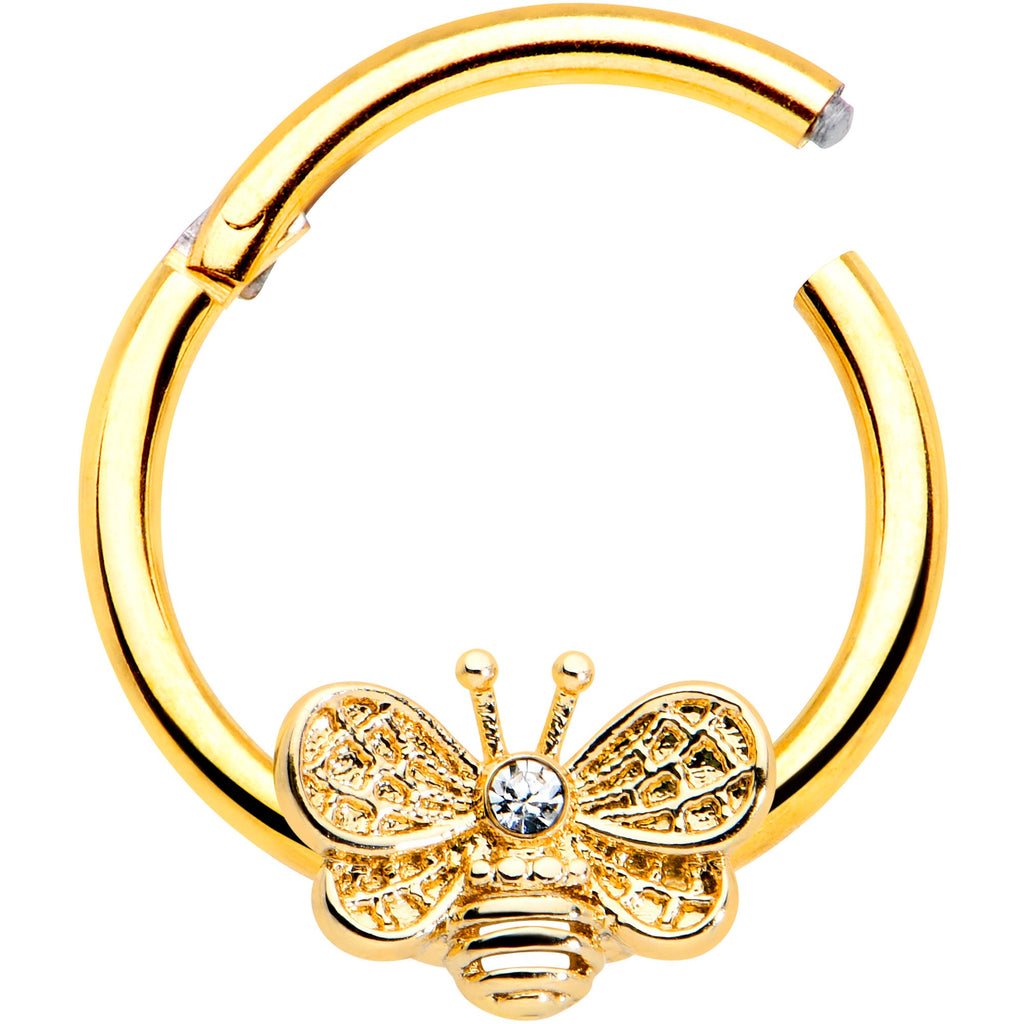 BodyCandy 16G 3/8 Clear Gem Gold Tone Beauty Bee Hinged Circular Ring — detail close-up