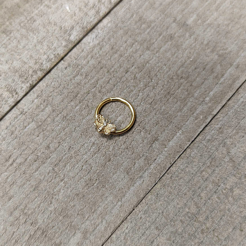 BodyCandy 16G 3/8 Clear Gem Gold Tone Beauty Bee Hinged Circular Ring — side view