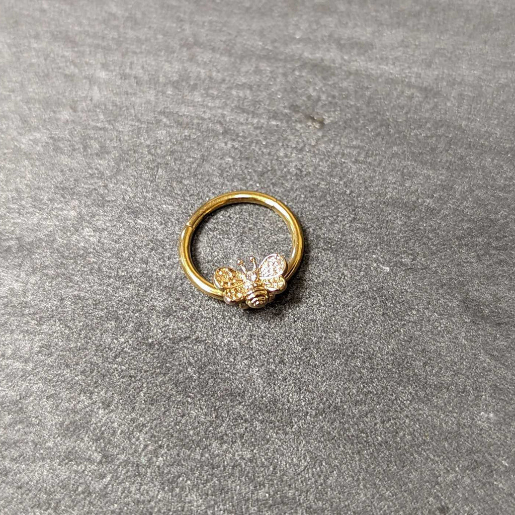 BodyCandy 16G 3/8 Clear Gem Gold Tone Beauty Bee Hinged Circular Ring — back view