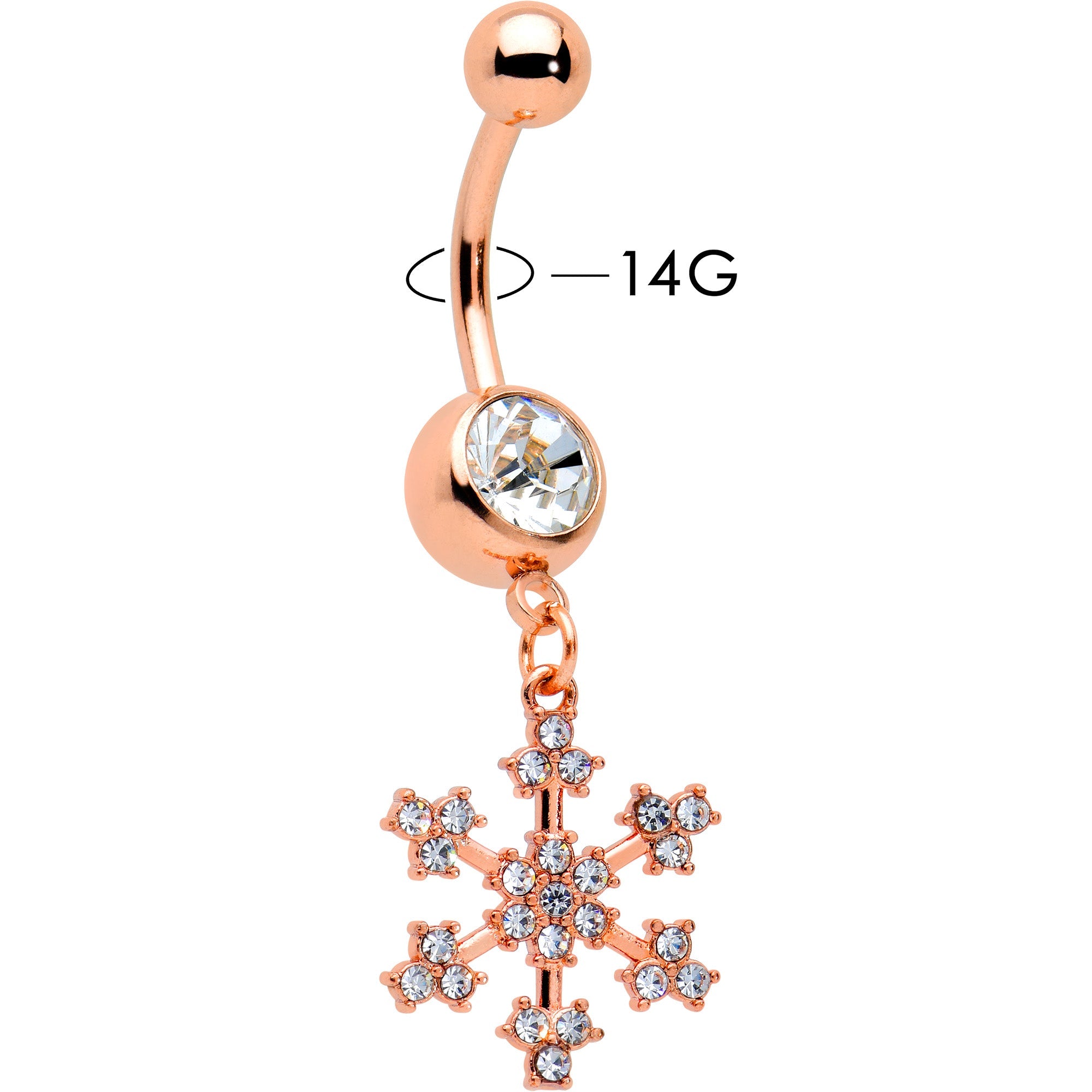 BodyCandy Clear Gem Rose Gold Tone Square Snowflake Holiday Dangle Belly Ring — detail close-up
