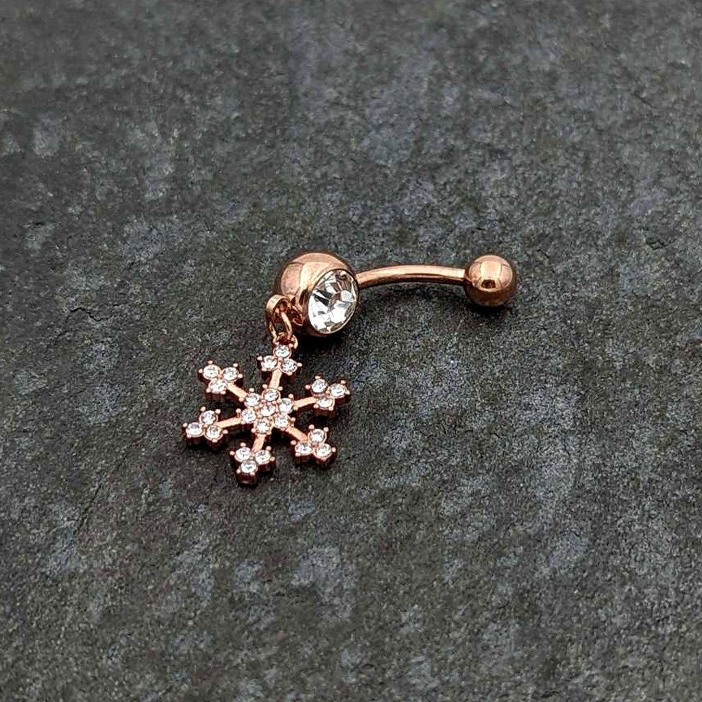 BodyCandy Clear Gem Rose Gold Tone Square Snowflake Holiday Dangle Belly Ring — side view