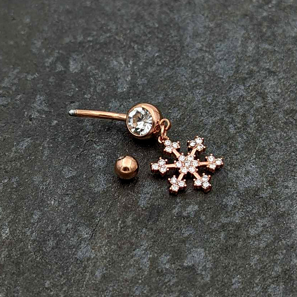 BodyCandy Clear Gem Rose Gold Tone Square Snowflake Holiday Dangle Belly Ring — back view