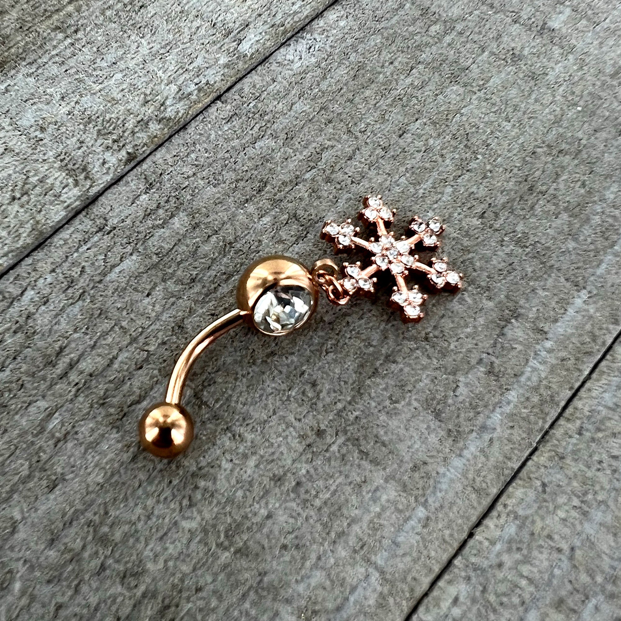 BodyCandy Clear Gem Rose Gold Tone Square Snowflake Holiday Dangle Belly Ring — alternative angle