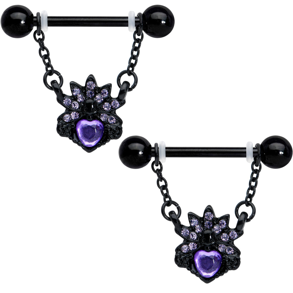 BodyCandy 14G 9/16 Purple Gem Black Skull Blossom Dangle Nipple Ring Set — main product shot